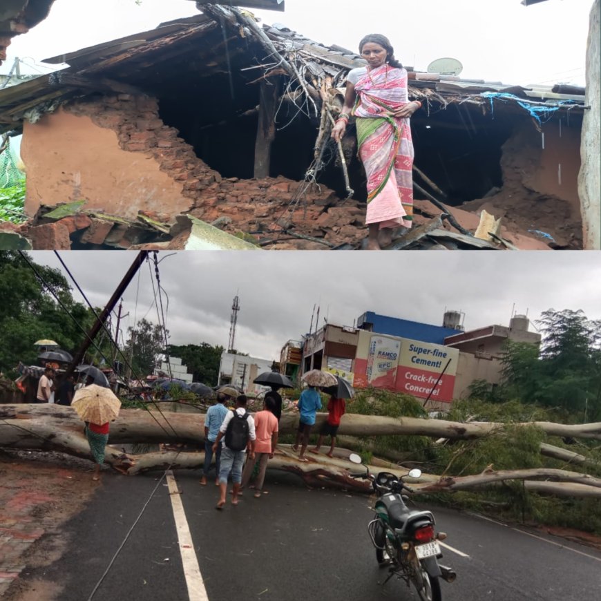 ବିଶ୍ଵନାଥ ପୁର ଠାରେ ରାସ୍ତା ଉପରେ ଗଛ ପଡ଼ି ରାସ୍ତା ଅବରୋଧ,ମଟର ସାଇକେଲ ଗ୍ୟାରେଜ ଓ ହୋଟେଲ ସହିତ ଭାଙ୍ଗିଲା ଘର।